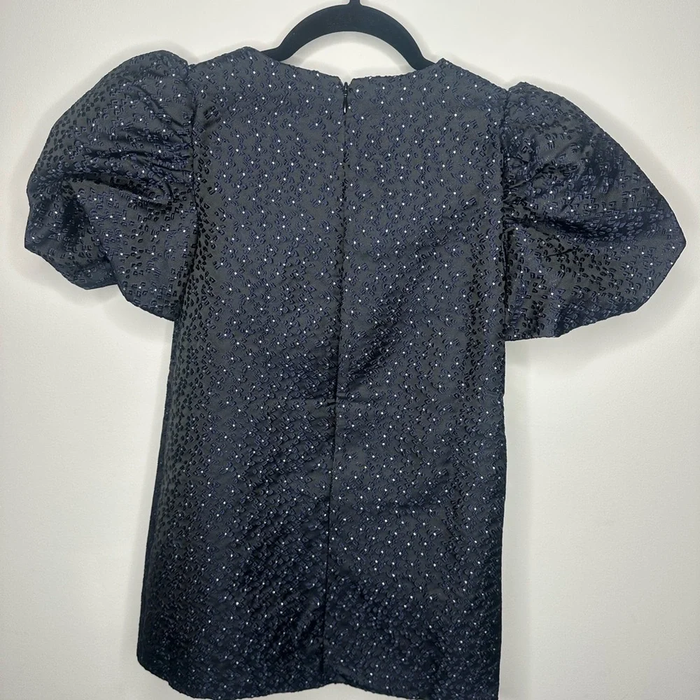 Black Puff Sleeve Dress with Blue Accents